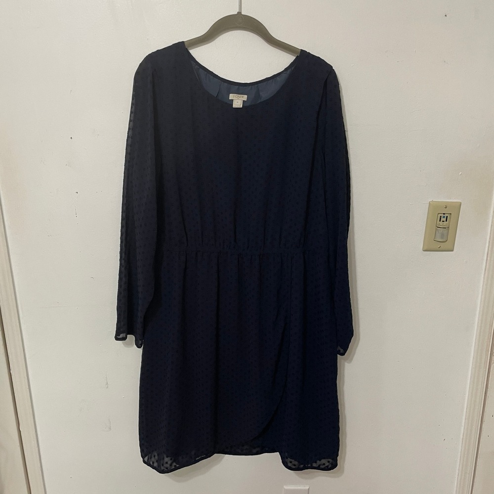 J.Crew Navy Blue Swiss Dot Long Sleeve Elastic Waist Knee Length Dress Size 18